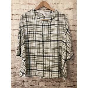 Anne Klein Shirt Womens 10 Black Gray Plaid Check Cuff Short Sleeve Scoop Neck